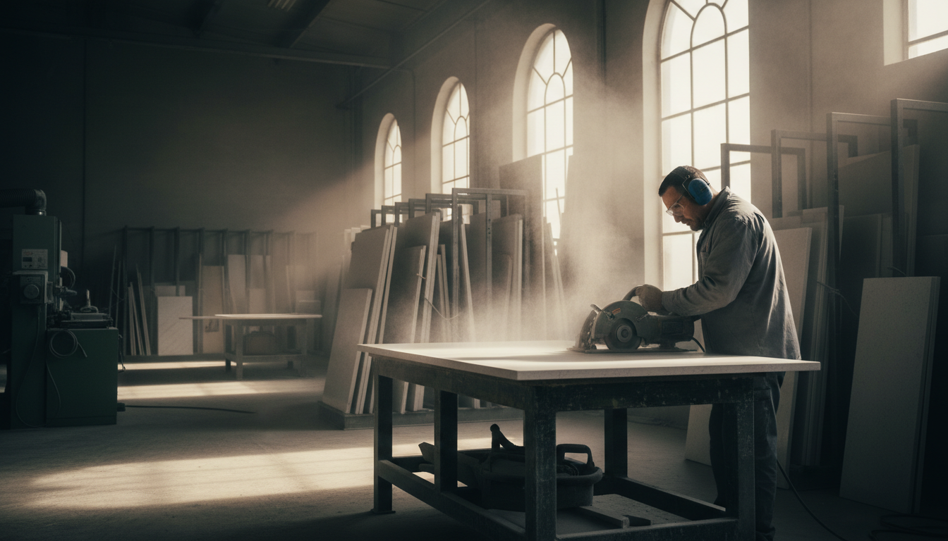 A fabrication worker cuts a white quartz countertop slab with a handheld saw as fine silica dust fills the air of the shop.