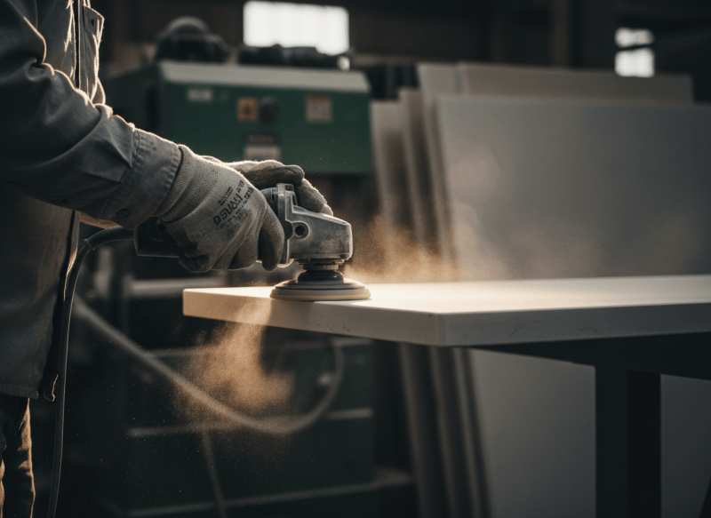 Gloved hands use a handheld polisher on the rounded edge of a white quartz countertop, throwing off fine dust.