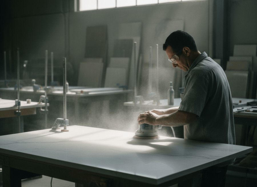 A worker sands the surface of a quartz countertop with an orbital sander as dust rises around his hands.