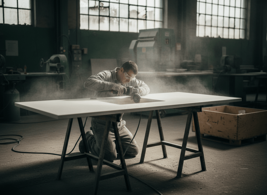 A fabricator uses a grinder to cut a sink opening in a white quartz countertop, releasing a burst of stone dust.